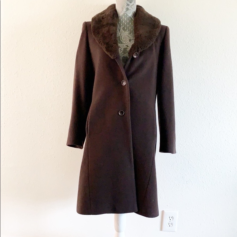 Larry Levine Chocolate Brown Fur Collar Wool 3 Button Coat